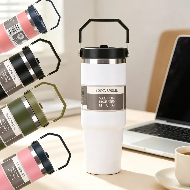 30 Oz Insulated Coffee Tumbler 304 Stainless Steel Vacuum Double Wall BPA Free Tritan Mug for Iced Hot Drinks Travel Cup