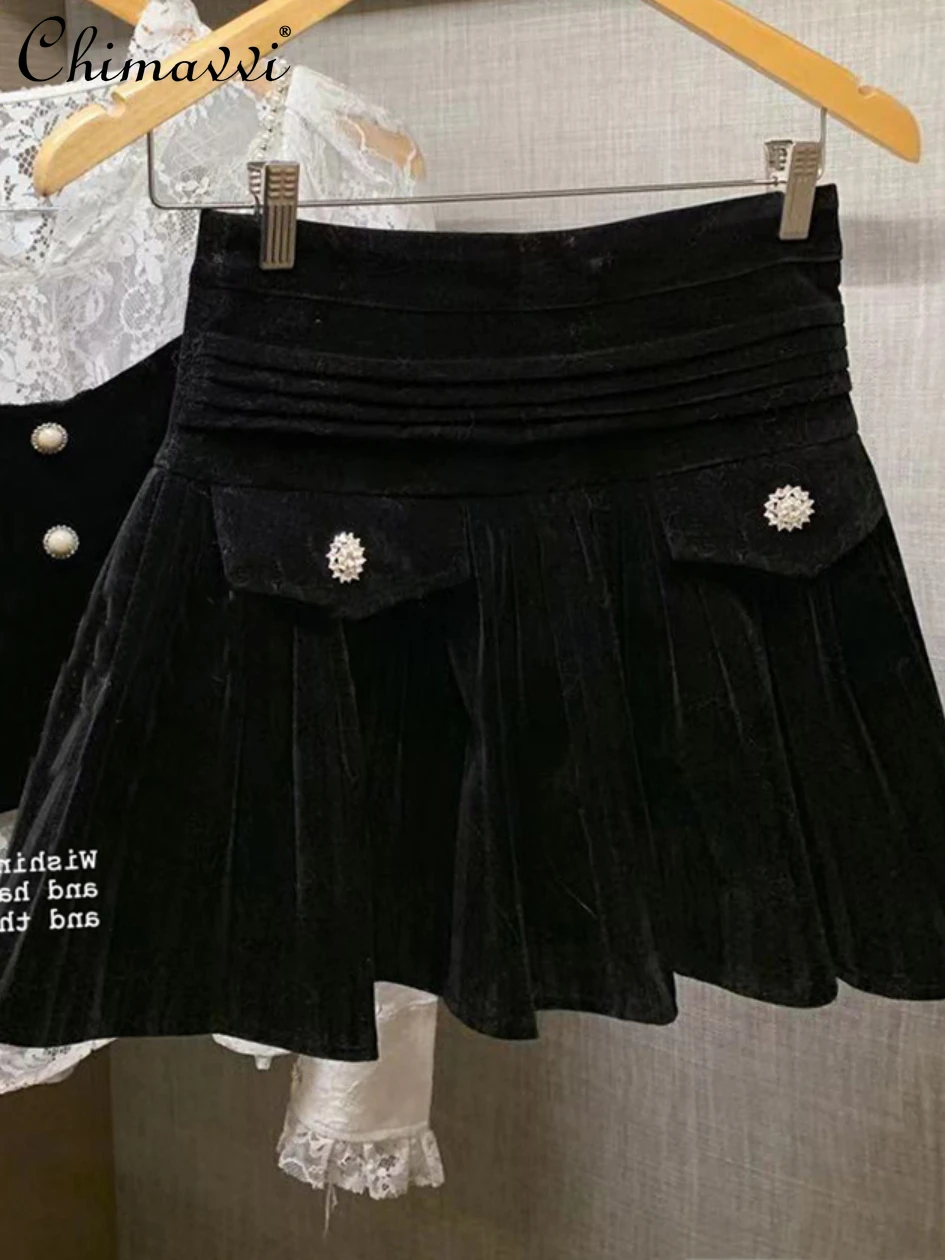 

High Waist Velvet Pleated Skirt Women's Winter Clothes Fashion Drill Buckle Slimming Black Skirts Tight Waist A- Line Pettiskirt