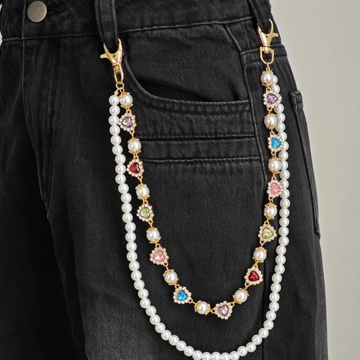Fashion Luxury Heart Rhinestone Imitation Pearl Keychain Cross Pendant Wallet Belt Chain Women Men Pant Chain Hip Hop Jewelry