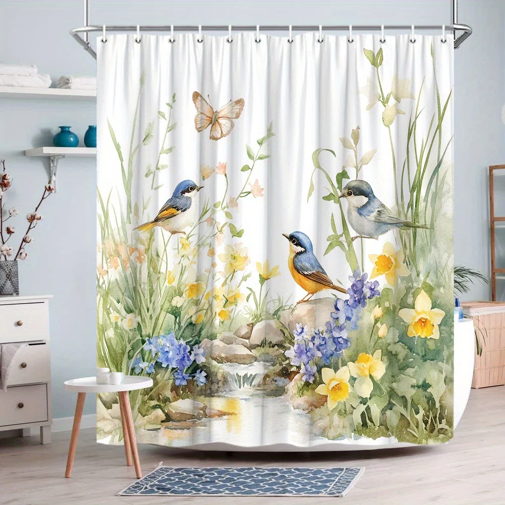 

Watercolor Birds and Flowers Shower Curtain Waterproof Easy to Clean Privacy Protection Print Nature Garden Art Design 12 hooks