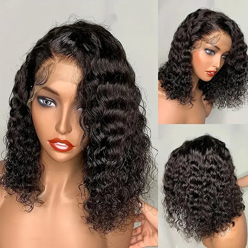 Deep Wave 180% Density Pre-Plucked Side Part Short Bob 13*4 Lace Frontal Brazilian Virgin Synthetic Wigs For Black Woman