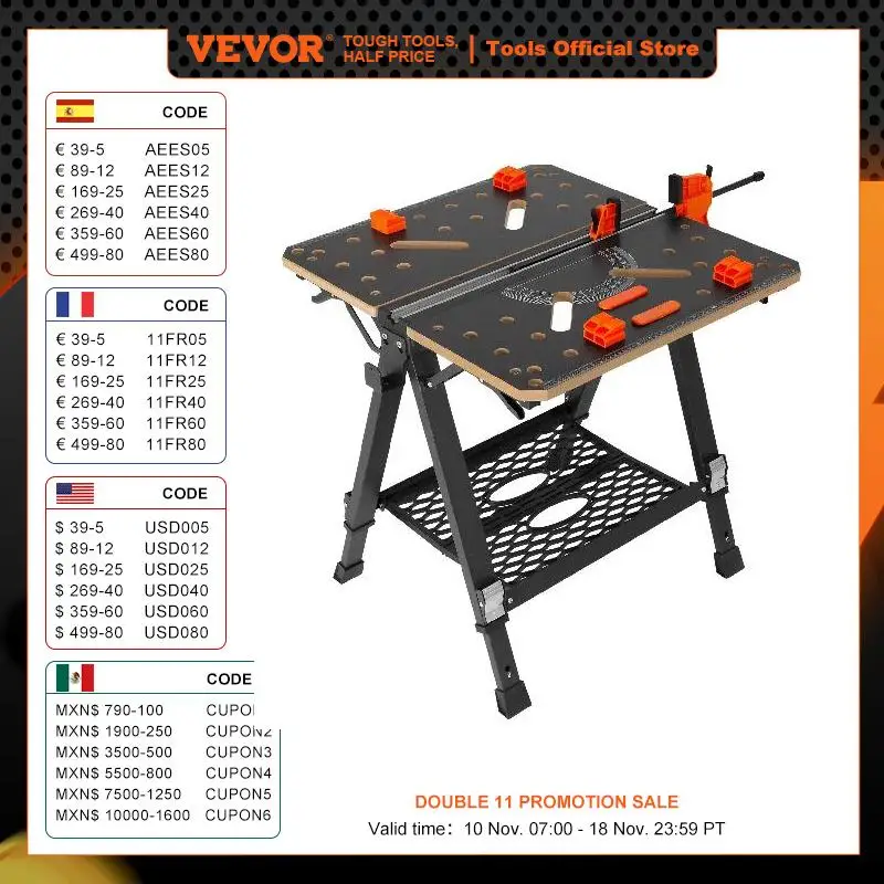 VEVOR Folding Work Table 7-Level Height Adjustment Workbench & Sawhorse with Versatile Clamping System for DIY Woodworking Use