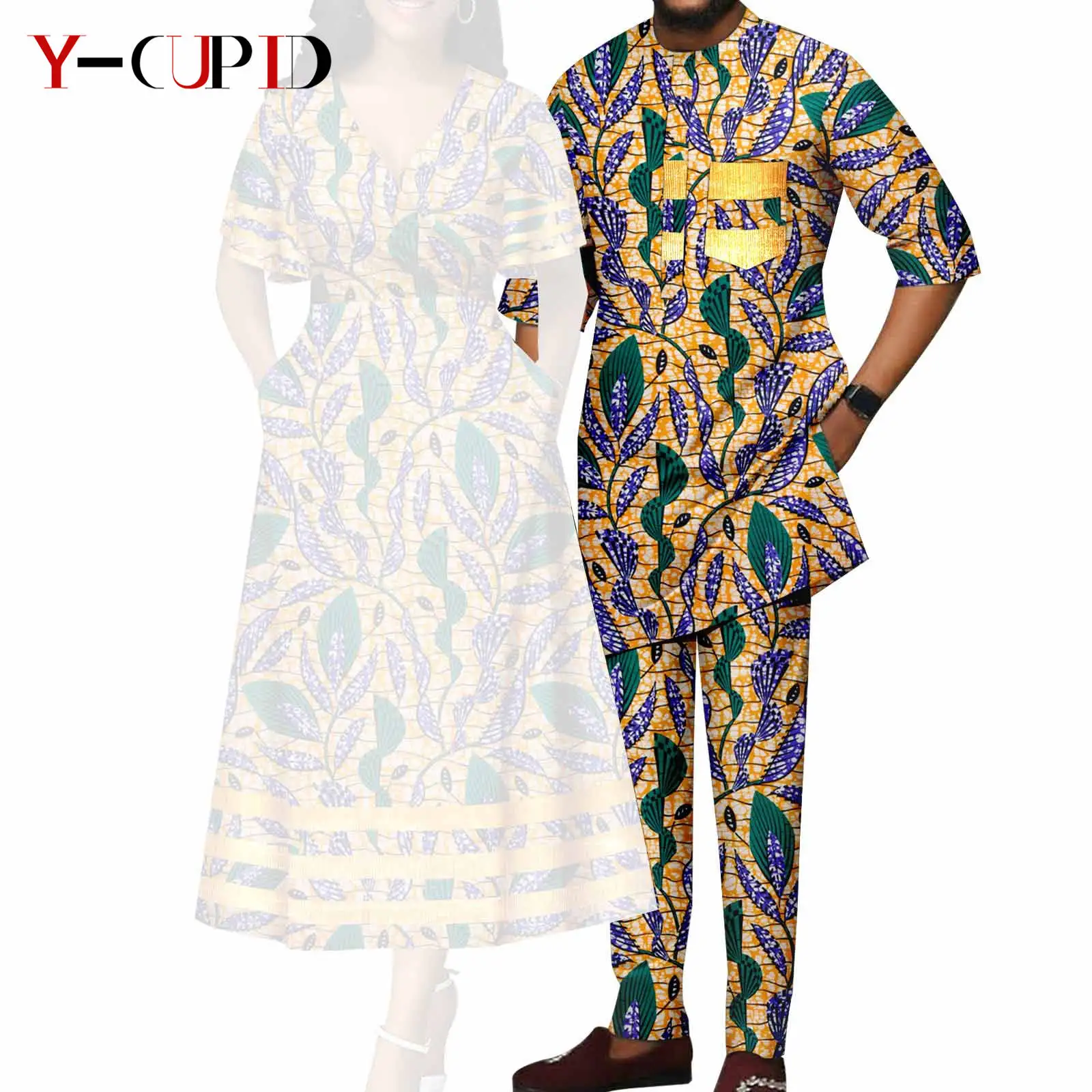 African Print V-neck Dresses for Women Couple Matching Men Outfits Top and Pant Sets Dashiki Bazin Riche Lover Outwear Y23C086