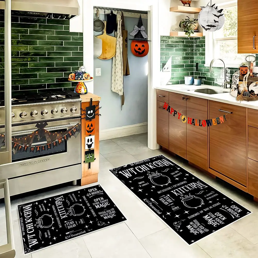 VIKAMA Halloween Ghost Doormat Set: Evil Pumpkin Kitchen Anti-Slip Oil-Absorbent Stain-Resistant Two-Piece Entryway Mat