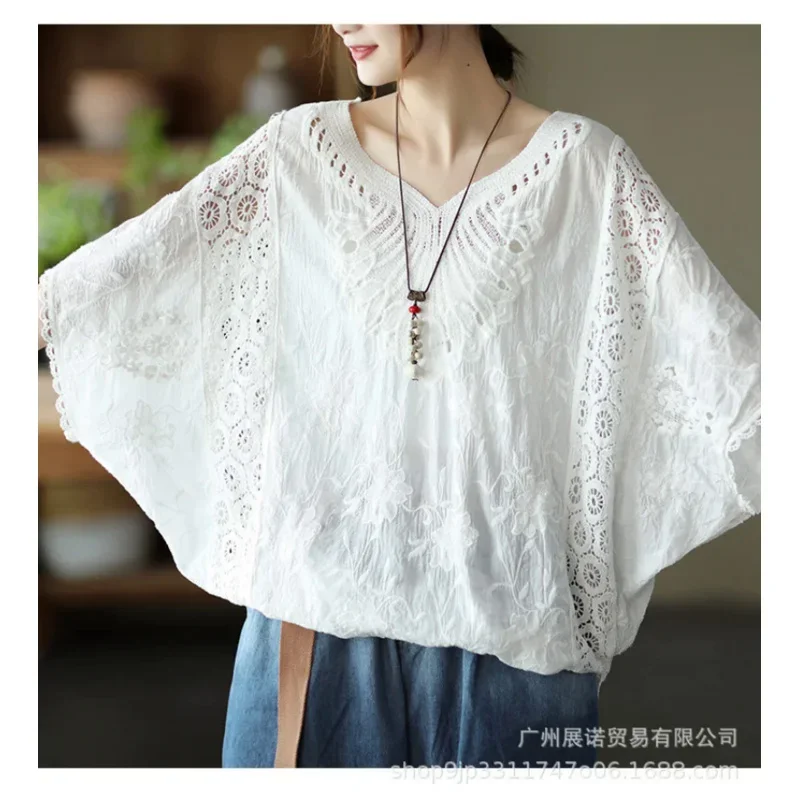 Summer Cotton T shirt with sleeves loose blouse tunic tops women boho knit crochet hollow out Casual Smock cover up beachwear