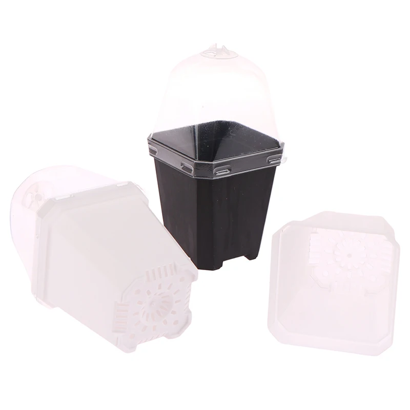 5Pcs Square Small Flower Pot Nursery Pot With Humidity Dome Transparent Gardening Pot Square Flower Starting Pots 3Colors