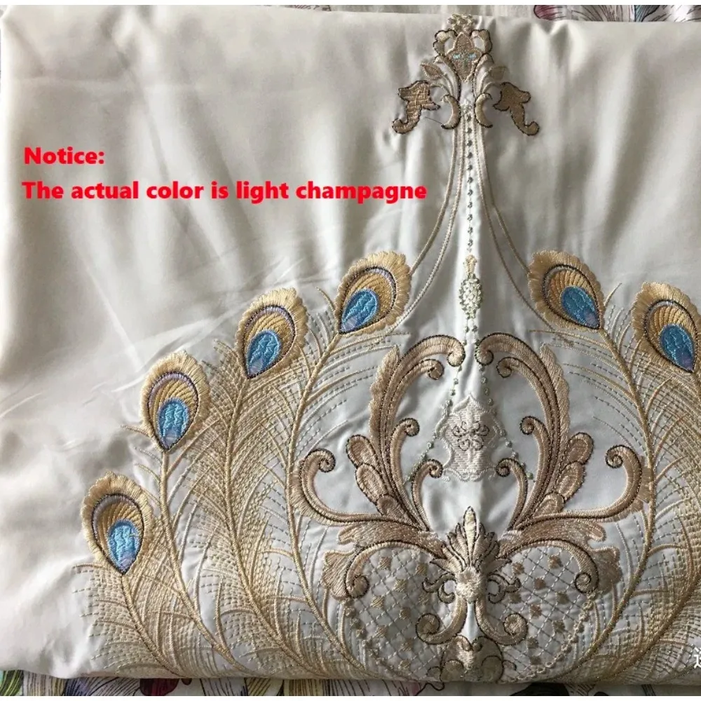 Luxury Gold Feather Embroidery Egyptian Cotton Champagne/Light Yellow Patchwork Duvet Cover Bed Sheet Pillowcases Bedding Set