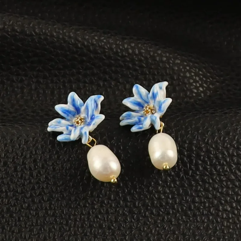 

New Hand-painted Enamel Blue Flowers Fresh Water Pearl Tassels Small Fresh Summer Vacation Style Little Stud Earrings for Women