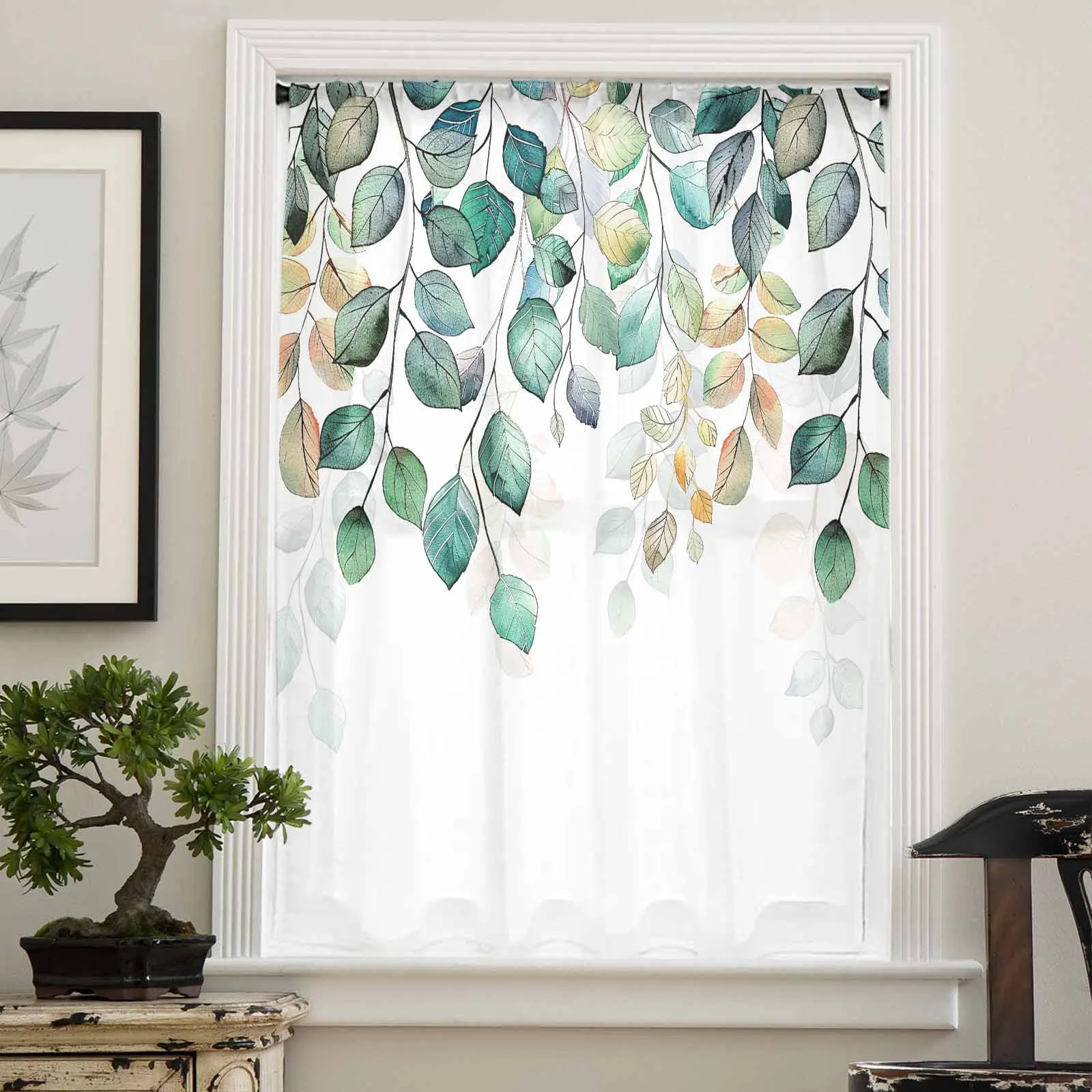 Thanksgiving Autumn Eucalyptus Leaf Plants Sheer Curtains for Living Room Bedroom Window Treatment Kitchen Chiffon Curtain