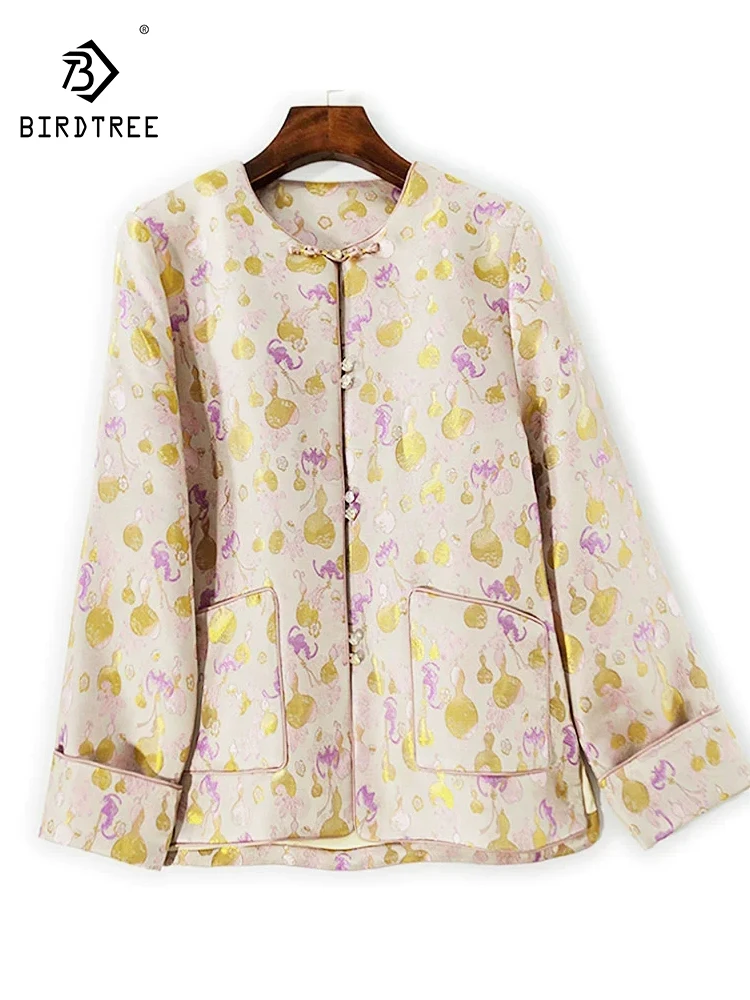 

Элегантное шелковое пальто BirdTree-Song из парчи, жаккардовый карман с круглым вырезом, женский темпераментный универсальный свободный кардиган, осень 202, C5N432CC