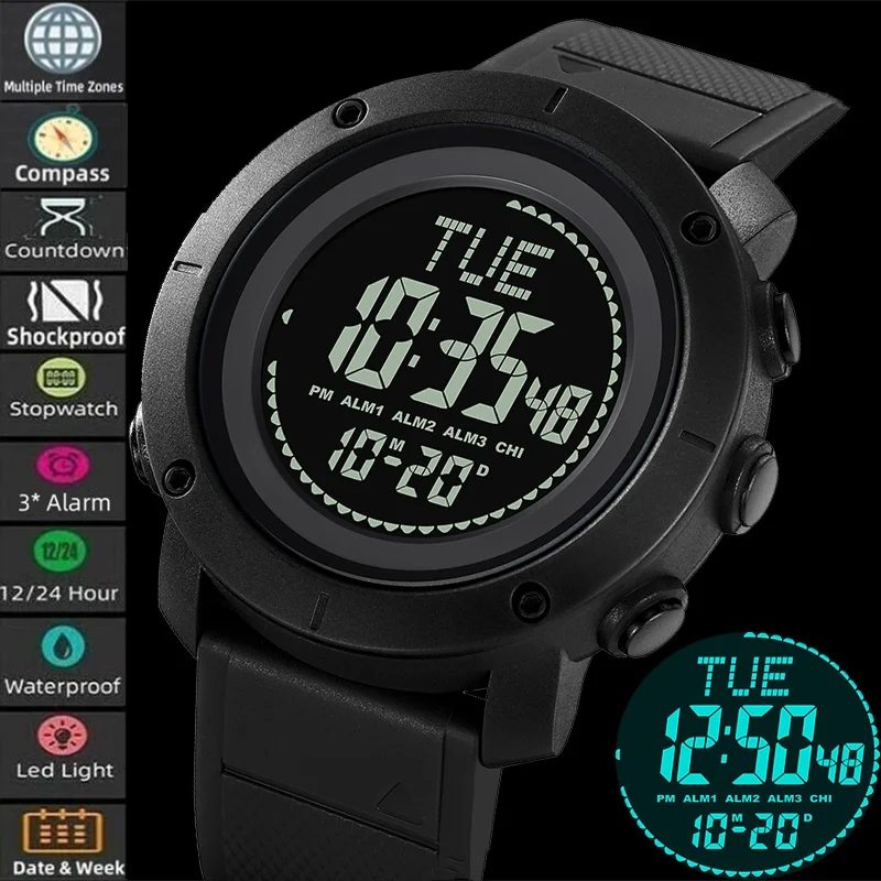 Skmei Electronic Compass Digital Watches Waterproof LED Chronograph 3 Alarm Clock Male Multiple Time Zone Sports Wristwatch