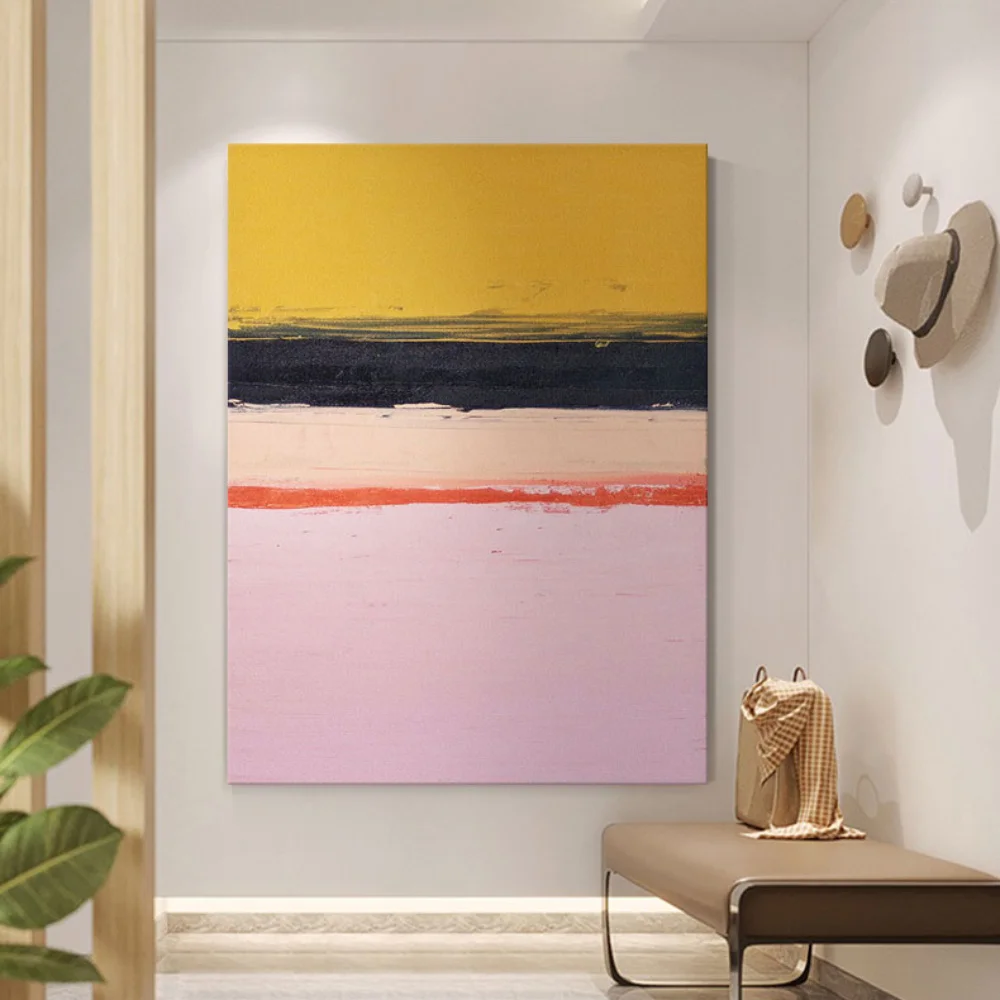 فن قماش حديث مرسوم يدويًا على الطراز الشمالي - لوحة زيتية بدون إطار باللون الأصفر والأسود والوردي لغرفة المعيشة وغرفة النوم،