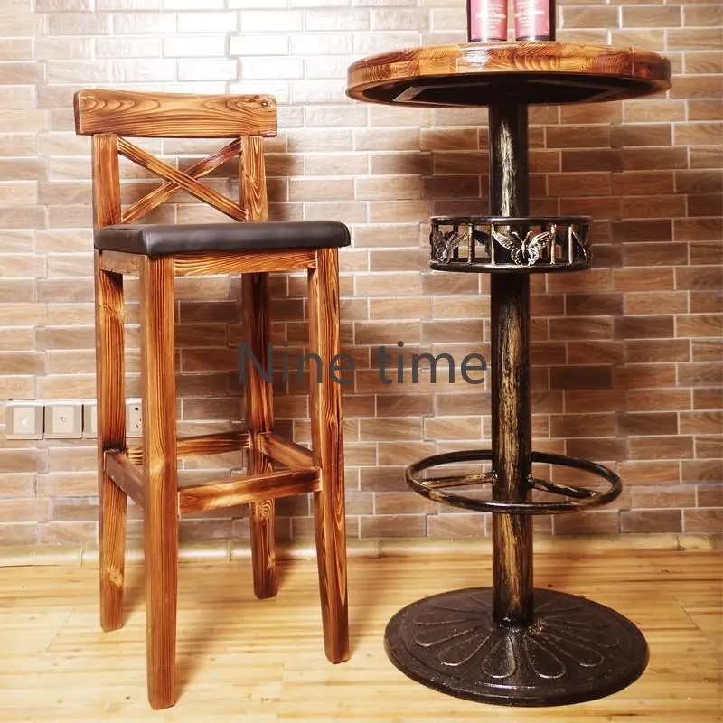 

Wooden Kitchen Bar Chairs Library Living Room Garden Outdoor Vintage Rustic Bar Stools Patio Backrest Cadeira Alta Furnitures