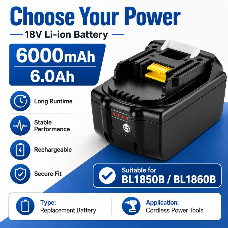 

12AH Suitable for Makita Battery 18V 6.0Ah BL1850B/BL1860B Battery Power Tool Long Range Stable Charging Battery