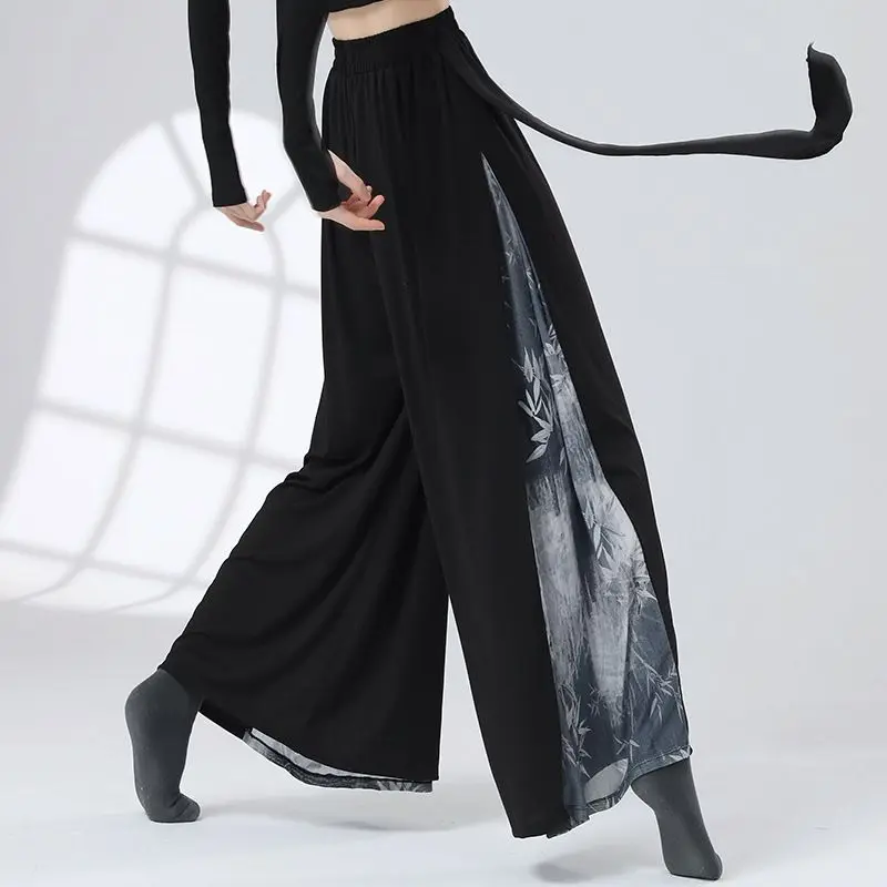 Chinese Style Modern Dance Splicing Ink Painting Designer Loose Casual Trousers for Women Harajuku Fashion Korean Clothing Pants
