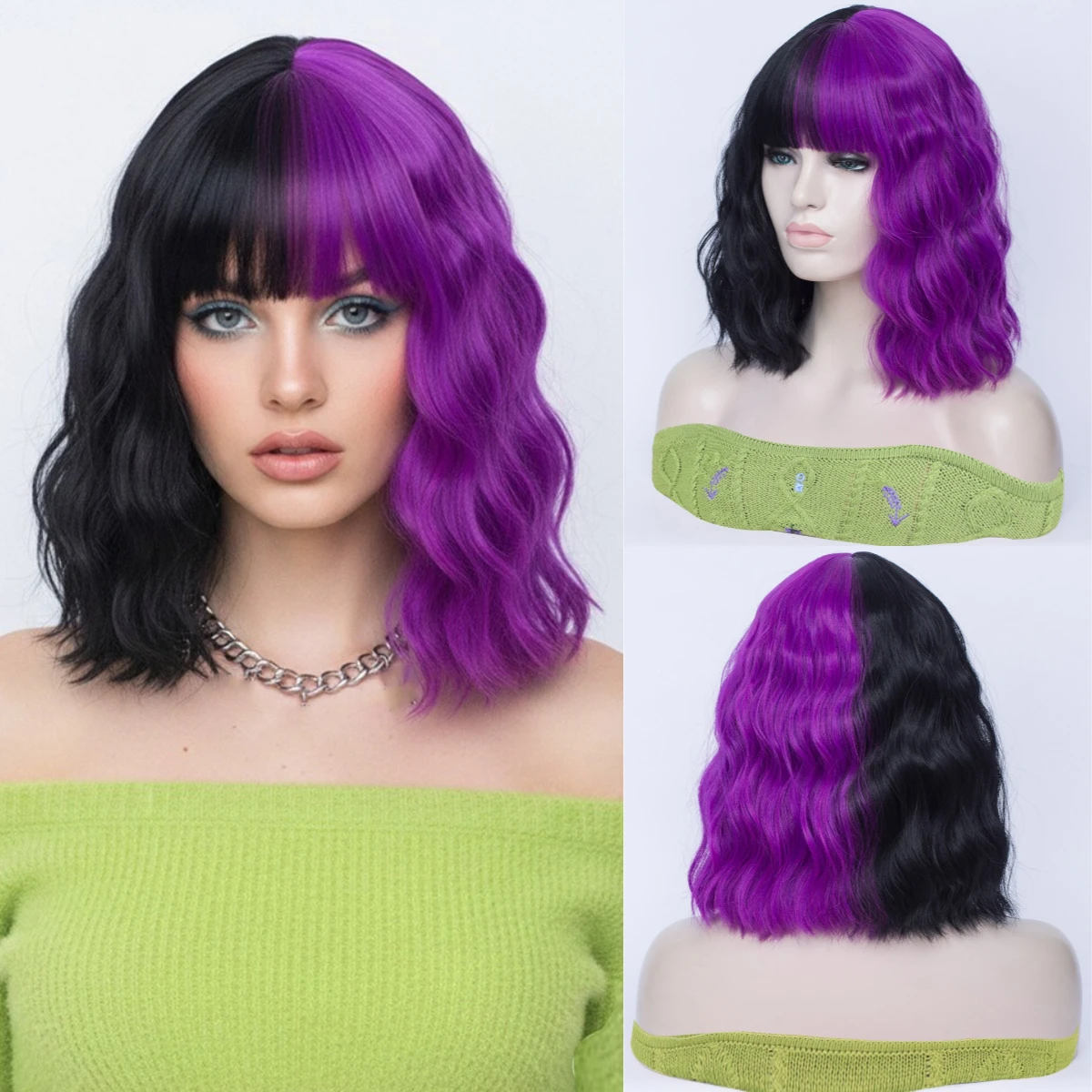 

Short Wavy Two Tone Synthetic Wigs For Women Half Black Half Purple Cosplay Wigs With Bangs Party Heat Resistant