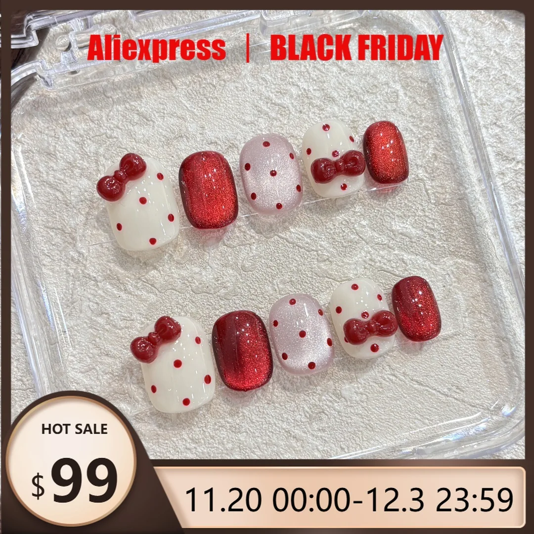 

10 шт., ручной пресс на ногтях, красный горошек, бант «кошачий глаз», полное покрытие, ногти для женщин и девочек, короткие овальные съемные носимые ногти