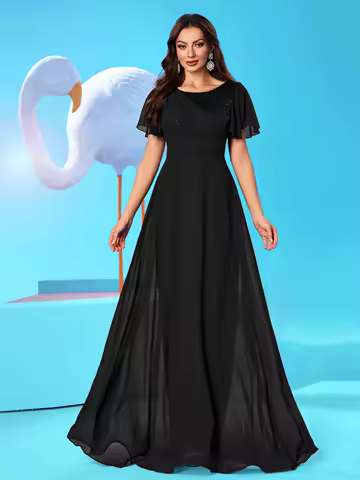 UNITHORSE round Neck Lace Sleeve Beaded Sequin Splice Chiffon Evening Dress Skirt