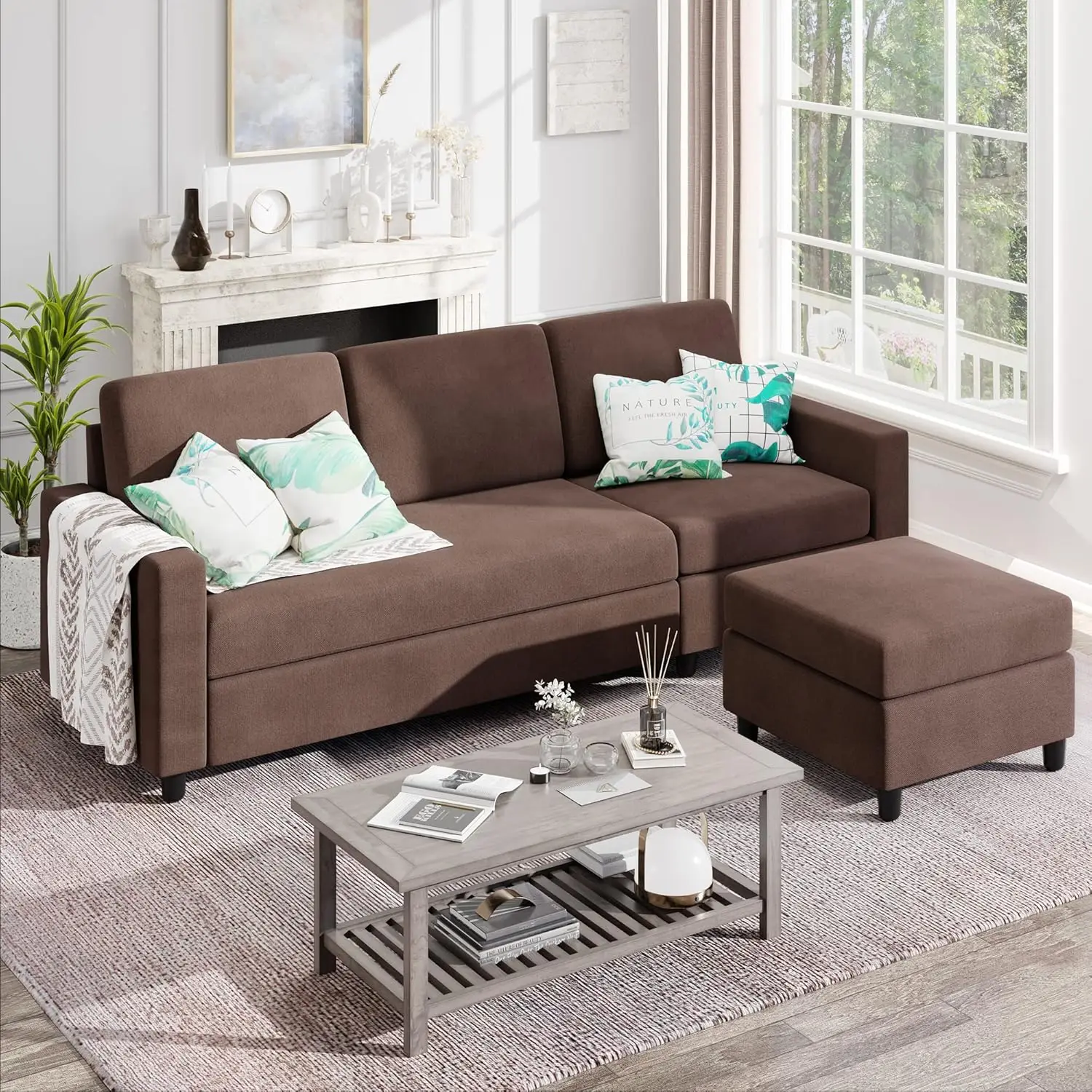 Sectional Sofa Couch,3 Seat L Shaped Couches with Storage Function Ottoman,Modern Linen Convertible Sectionals Sofas with Armres