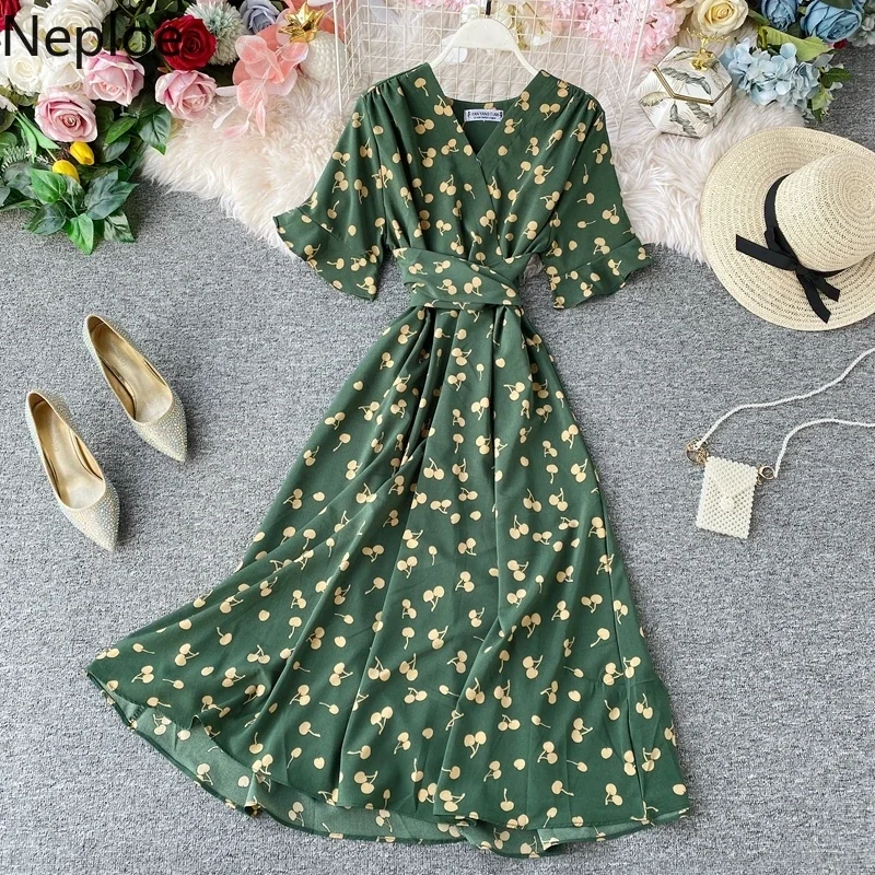 Neploe vestido boêmio de manga curta gola v estilo coreano, estampa de quadril, longo, vestido de verão, férias, praia, 49393