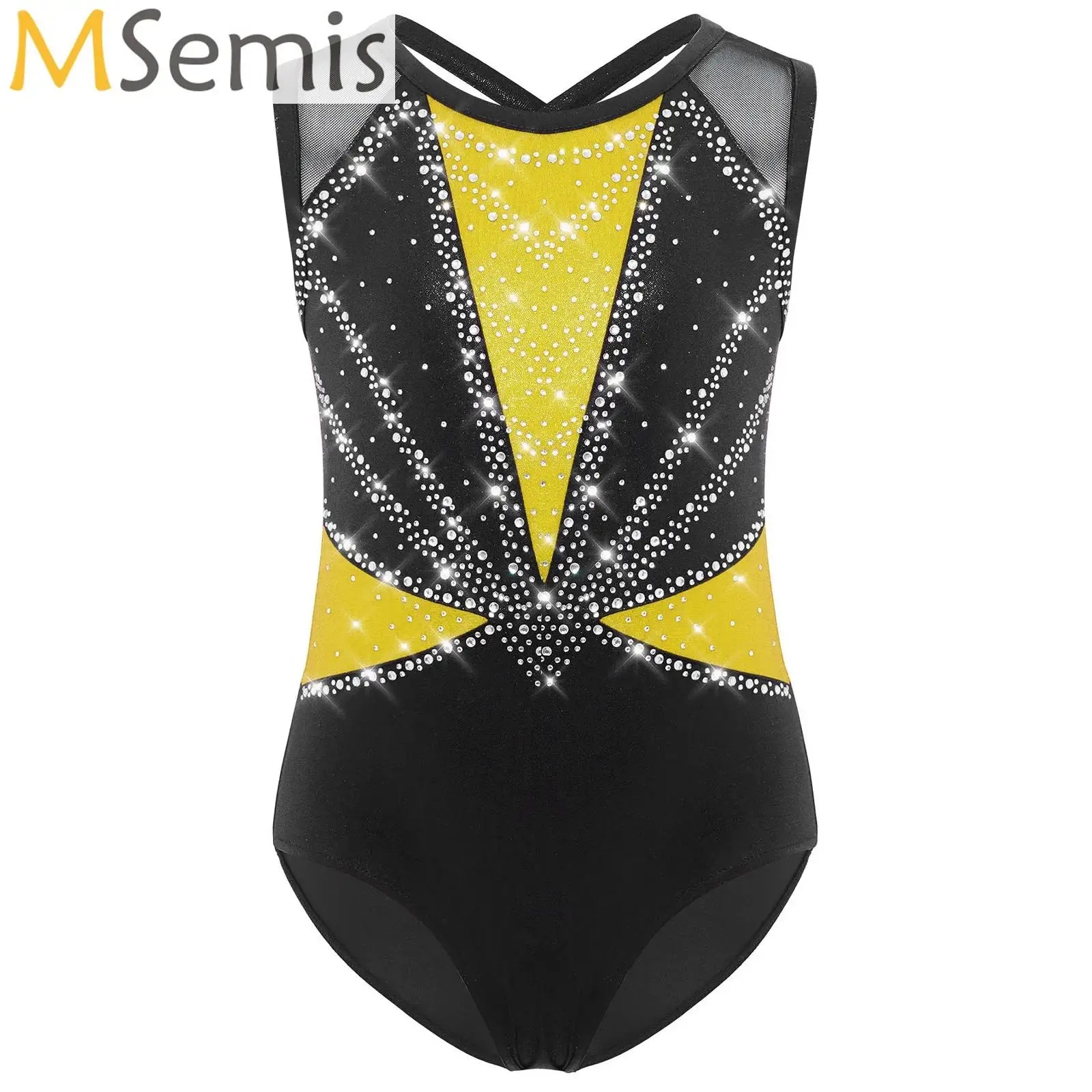 Kids Girls Sleeveless Figure Skating Bodysuit Ballet Dance Jersey Gymnastics Leotard Tops Shiny Rhinestones Tank Unitard Costume