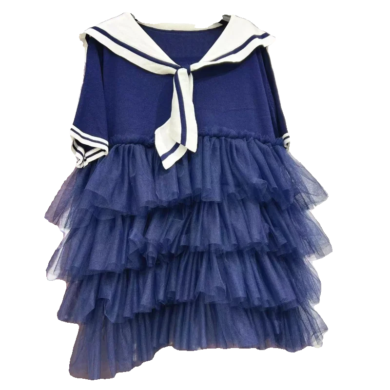 Chic Sailor Collar Mesh Spliced Multi-Layers Ruffles Navy Tees Dress Gauze Patchwork Pleated T-Shirts Dress Jumpers Tops Vestido