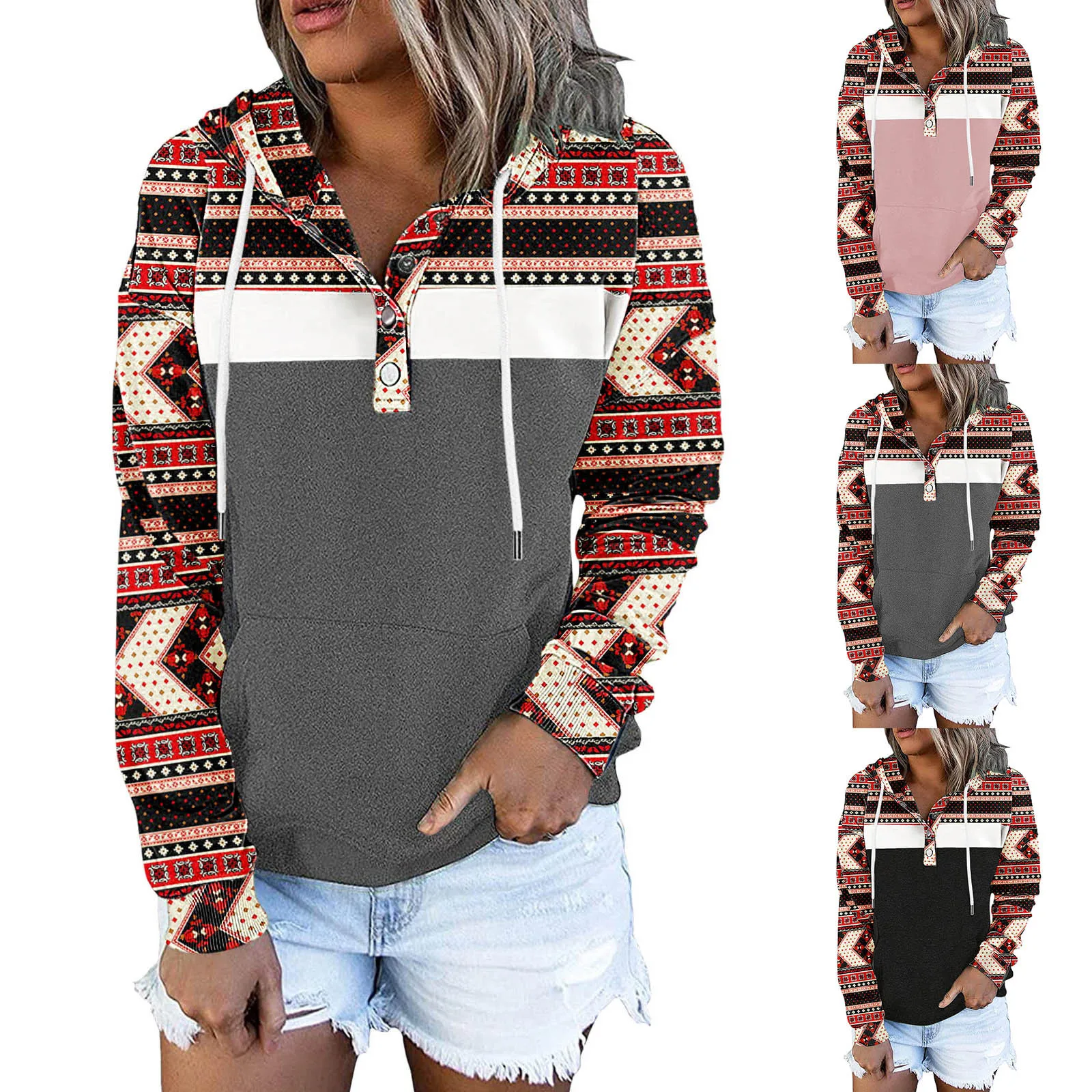 Ladies Top Button Hoodie Pocket Drawstring Long-Sleeved Printed Pullover Blouse Bluza Damska Hoodies For Women Loose Sweatshirt