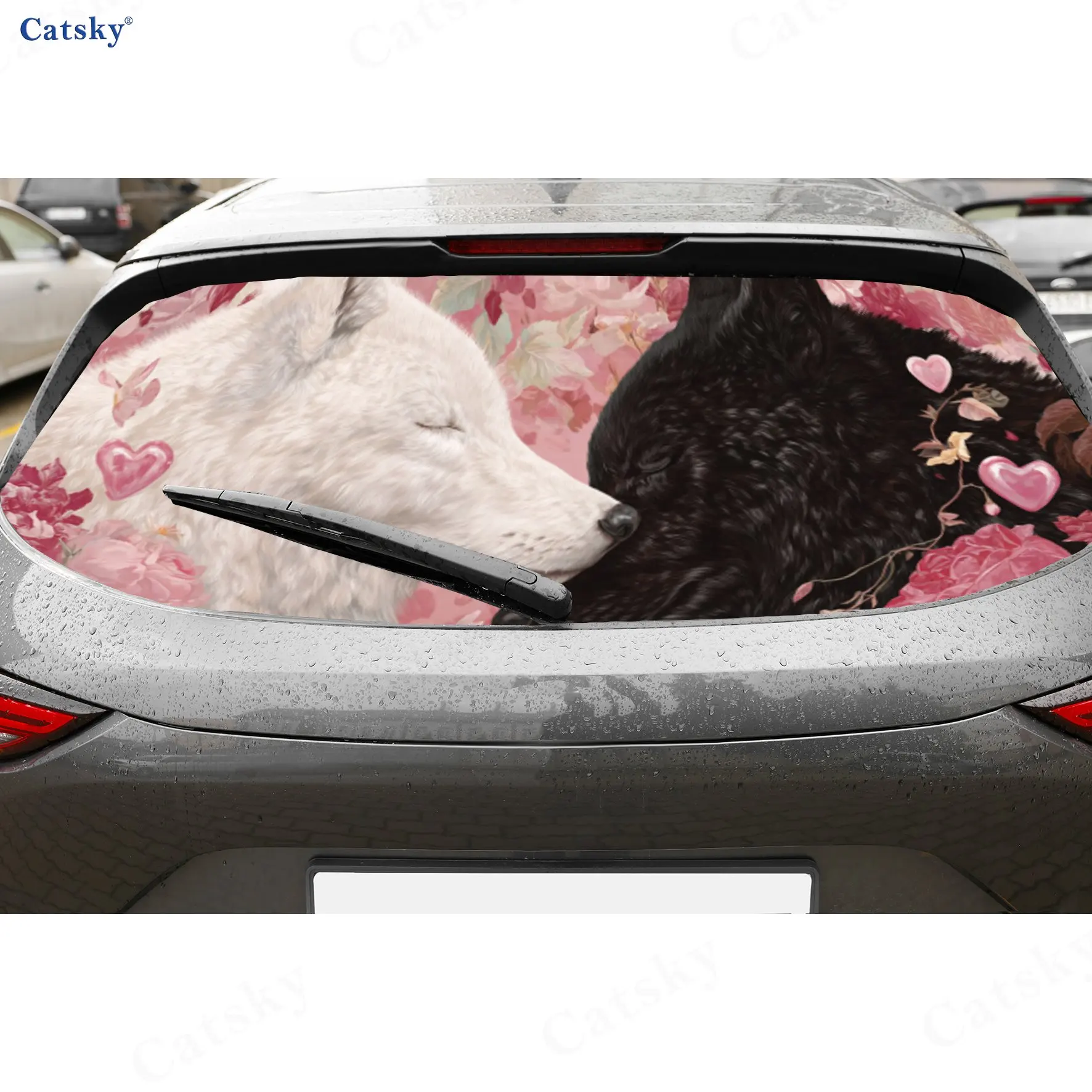Mysterious Wolf Pair in Pink Floral Realm PVC Perforated Car Vinyl Wraps, Durable Car Rear Windshield Sticker, Waterproof Car Re