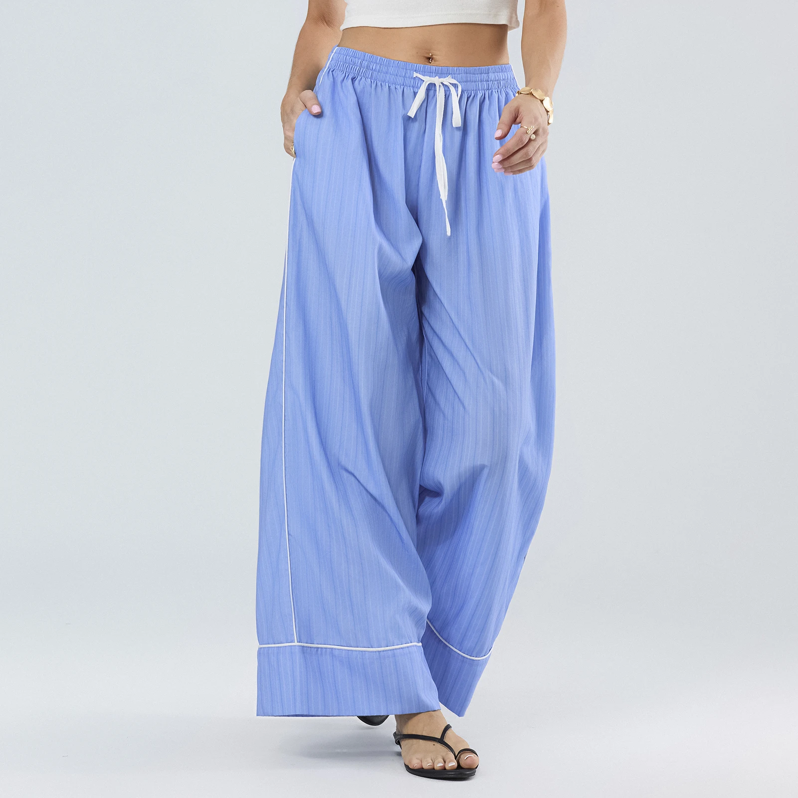 

Women's Straight Wide Leg Pants Drawstring Elastic Waist Striped Print Boxer Pants Lounge Trousers