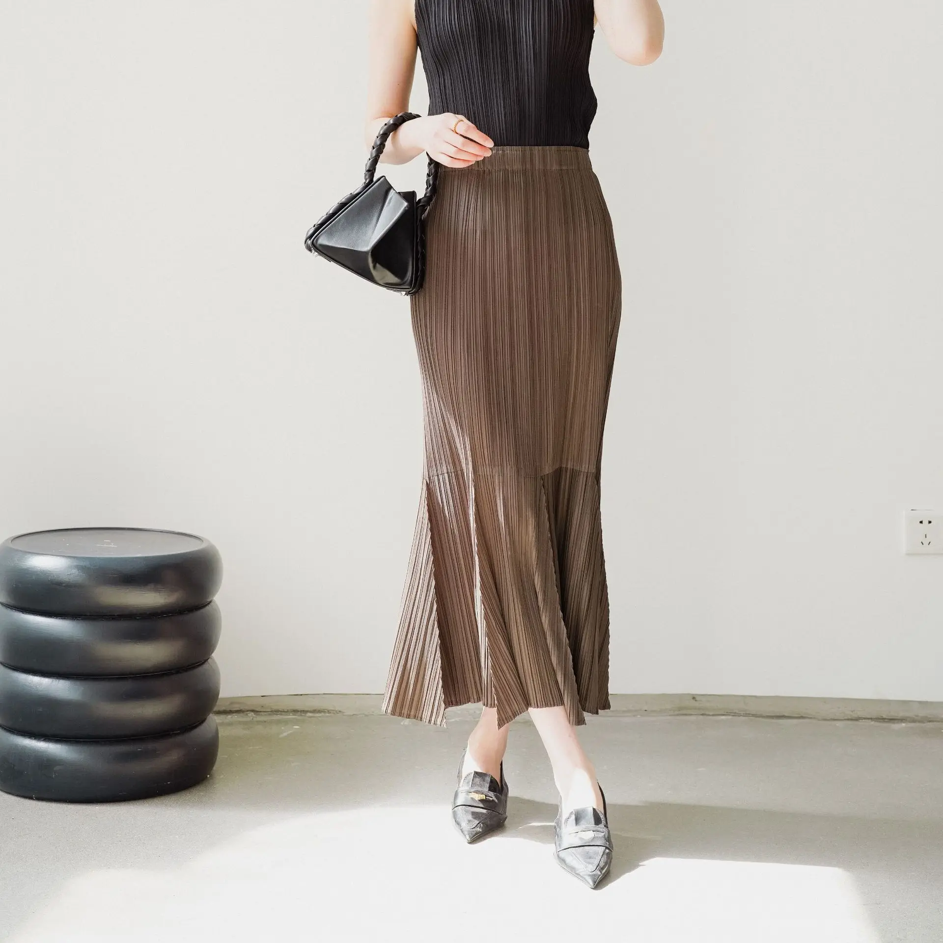 Spódnica Miyake, elegancka, plisowana, codzienna i uniwersalna, o kroju litery A, z zakładkami, spódnica typu rybka, nowy letni styl damski.