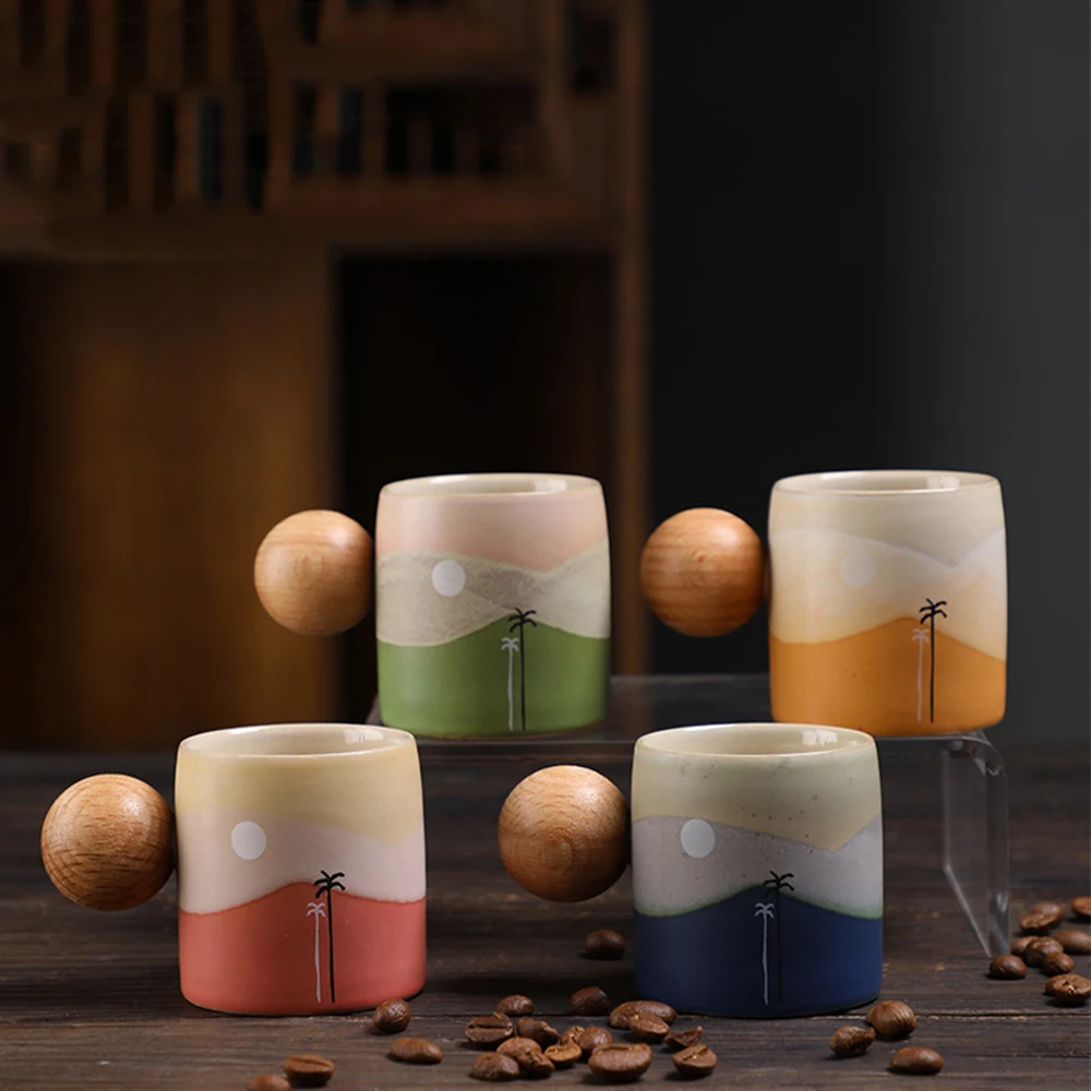

80ml Gradient Stoneware Tea Pair Retro Ceramic Round Cups with Wooden Handles, Coffee Milk Cup Set for Tea Coffee Milk