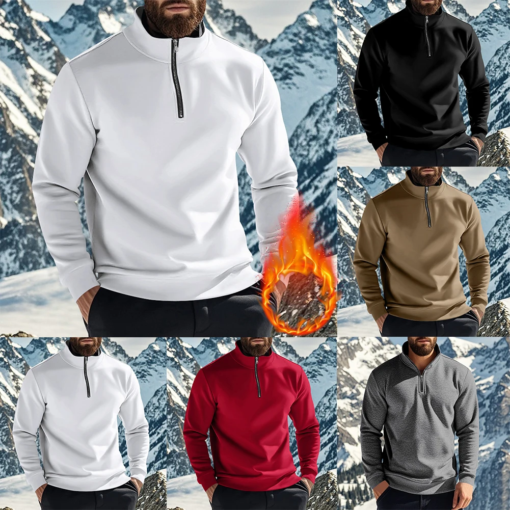 Mens Classic Winter Warm Comfortable Solid Color Sweatshirt Pullover Half Comfortable Stand Neck Slight Strech Fleece Casual