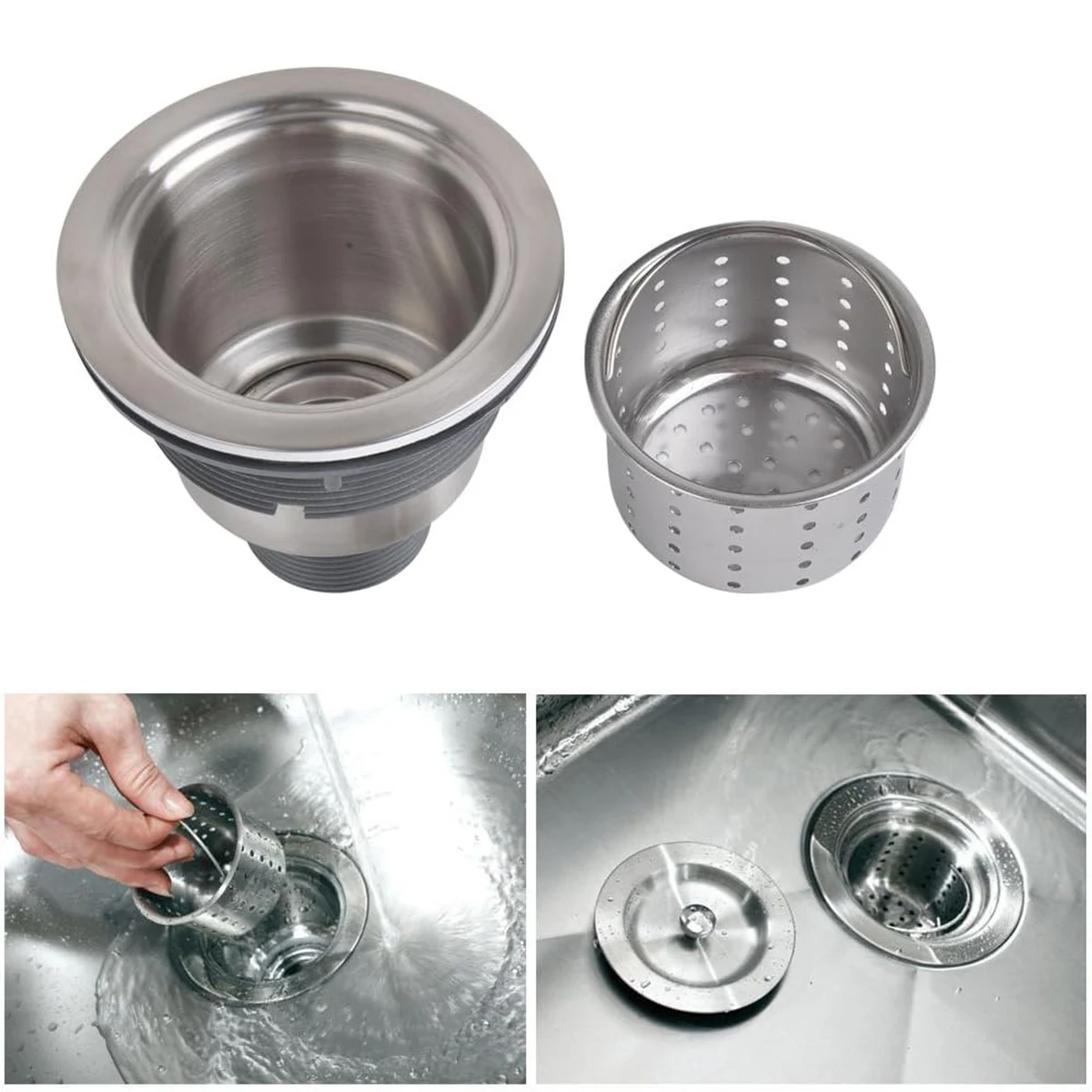 

3-1/2-inch (approx. 8.9 cm) Kitchen Sink Drain Assembly with Removable Deep Filter Basket, Sealing Plug, and Tailpiece