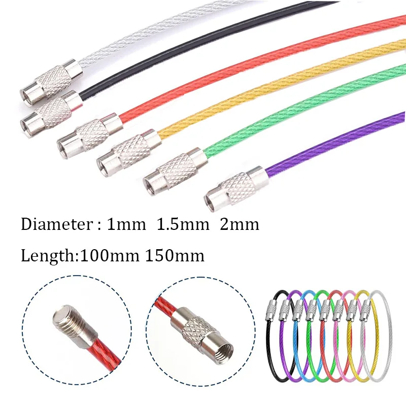 10 pçs 10/15/20cm colorido fio de aço inoxidável chaveiro cabo laço parafuso bloqueio corda porta-chaves chaveiro anéis