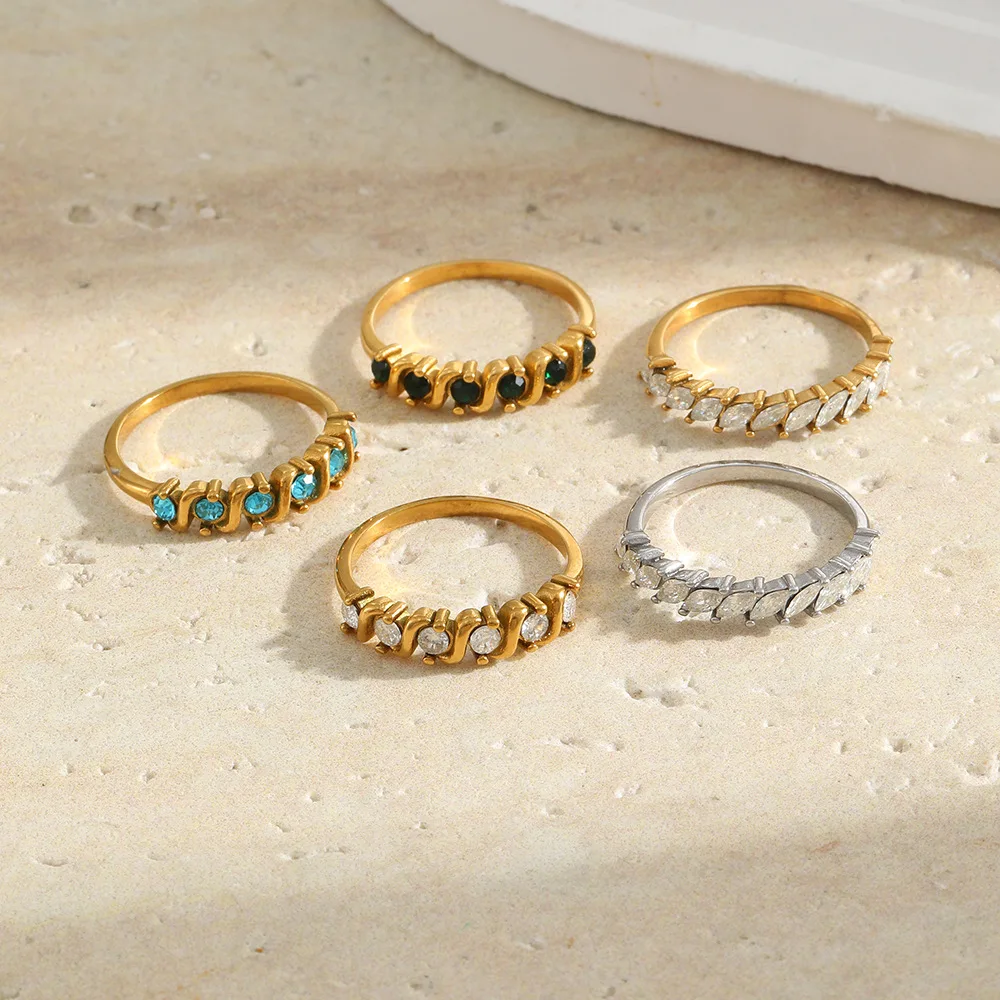 Stainless Steel 18K Gold Plated CZ Band Ring, Marquise Zircon Half Eternity Stackable Ring Women Fashion Finger Jewelry