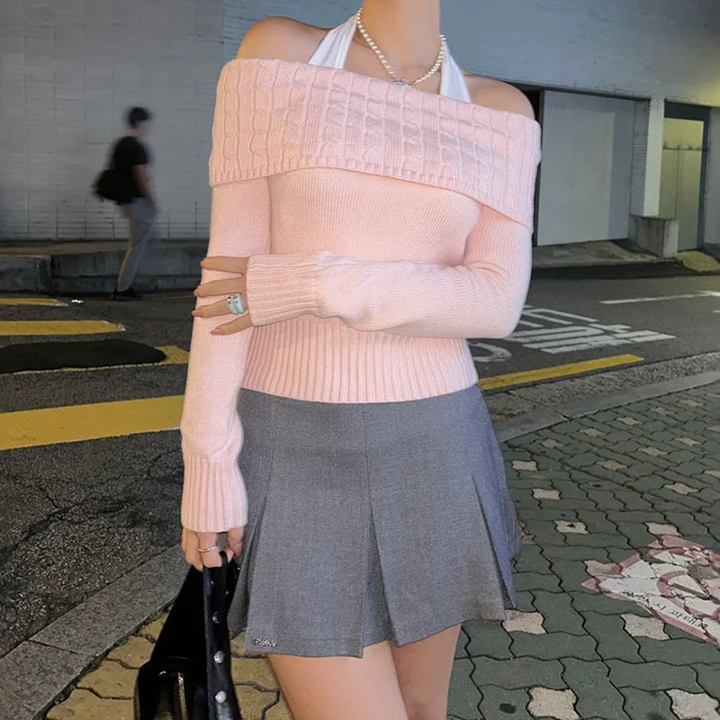 

Women's Off Shoulder Cable Knit Top Fitted Long Sleeve Casual Pink Knit Blouse