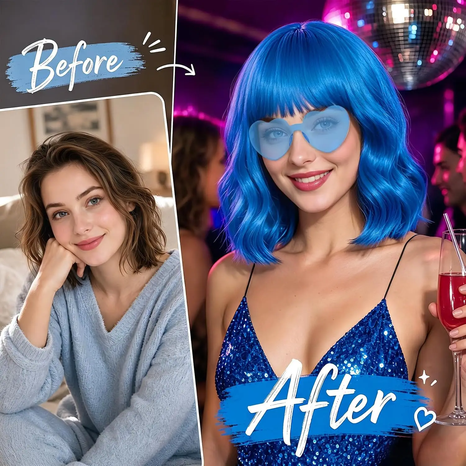 Royal Blue Wavy Bob Wig with Heart Sunglasses,Fun Hairpiece with Hair Cap for Cosplay Costume Bachelorette Party