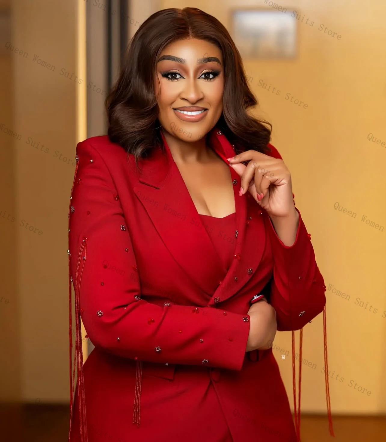 

Red Women Suits Set 2 Piece Blazer+Pants Trousers Tassel Beaded Customized Formal Office Lady Jacket Cotton Wedding Prom Coat