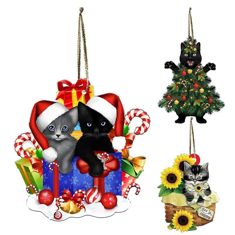 Engraçado Criativo Natal Acrílico Gato Preto Pingente, Delicado Prático Xmas Tree Decor, Durável Pendurado Ornamentos