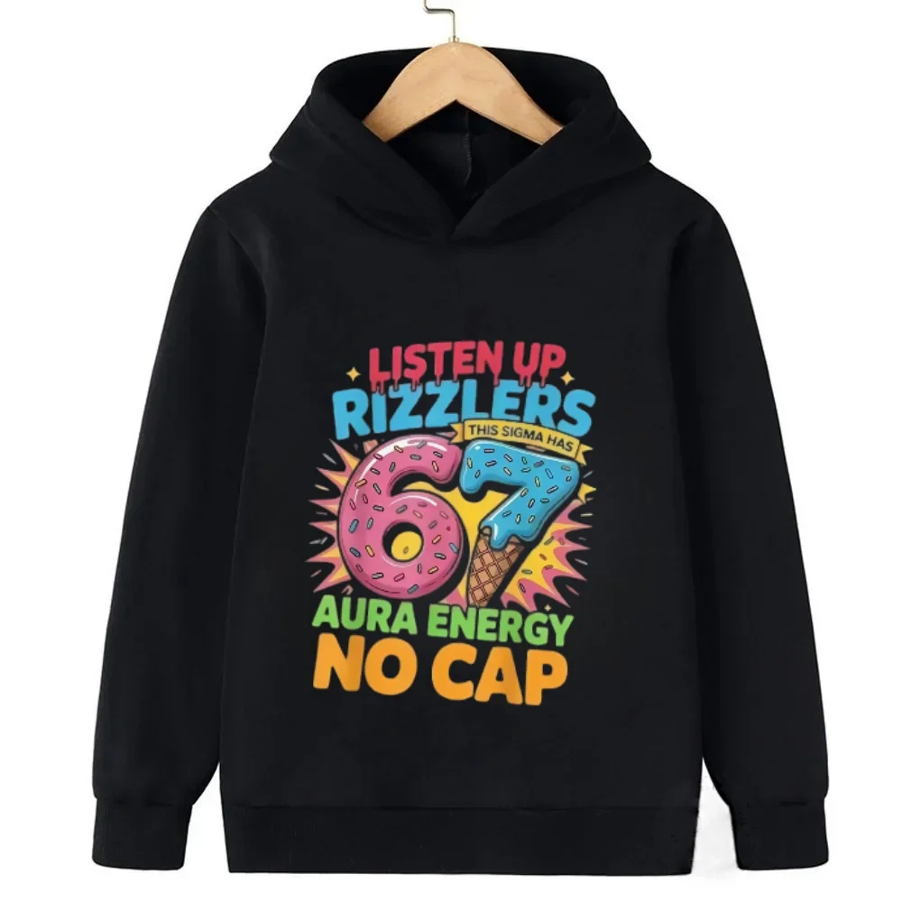 Rizzlers 67 Sigma Hoodie Kids Boys Girls Unisex Streetwear Sweatshirt, Donut Ice‑Cream Graphic Print Long Sleeve Hooded Pullover