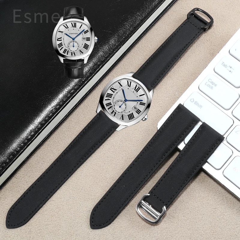Нежный выбранный дышащий, приятный для кожи нейлоновый ремешок для часов Cartier Tank Must Black Bay London 18, черный холщовый ремешок 20 мм