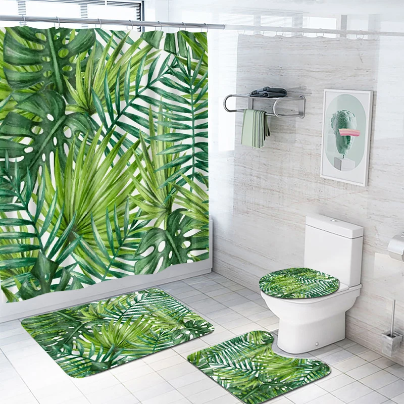 1/4pcs Tropical Palm Leaf Shower Curtain Set Leaves Pattern Bath Curtain With 12 Hooks Polyester Printed Bathroom Decoration