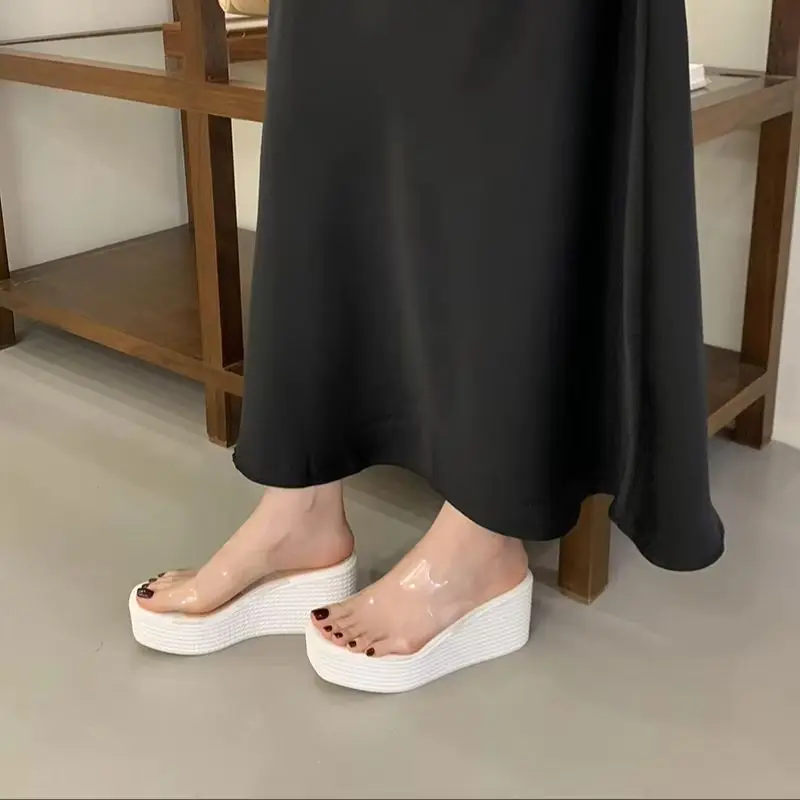 White Heels Slippers Transparent Platform Sandals Leisure Beach Shoes 8cm Wedge Heel Sandals Black Chunky Shoes For Woman view 3