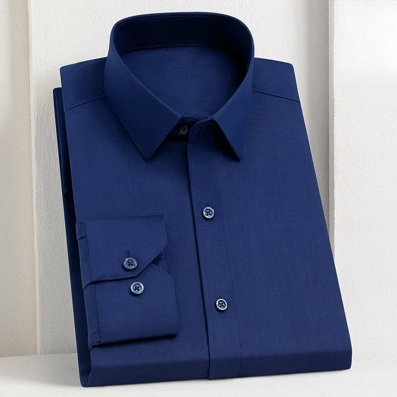 เสื้อเชิ้ตผู้ชาย ผ้าใยไผ่ แขนยาว ไม่ต้องรีด ทรงเข้ารูป แฟชั่นลำลอง ธุรกิจ สำนักงาน สีขาว สีฟ้า เสื้อเชิ้ตสำหรับงานสังคม เสื้อผ้าผู้ชาย