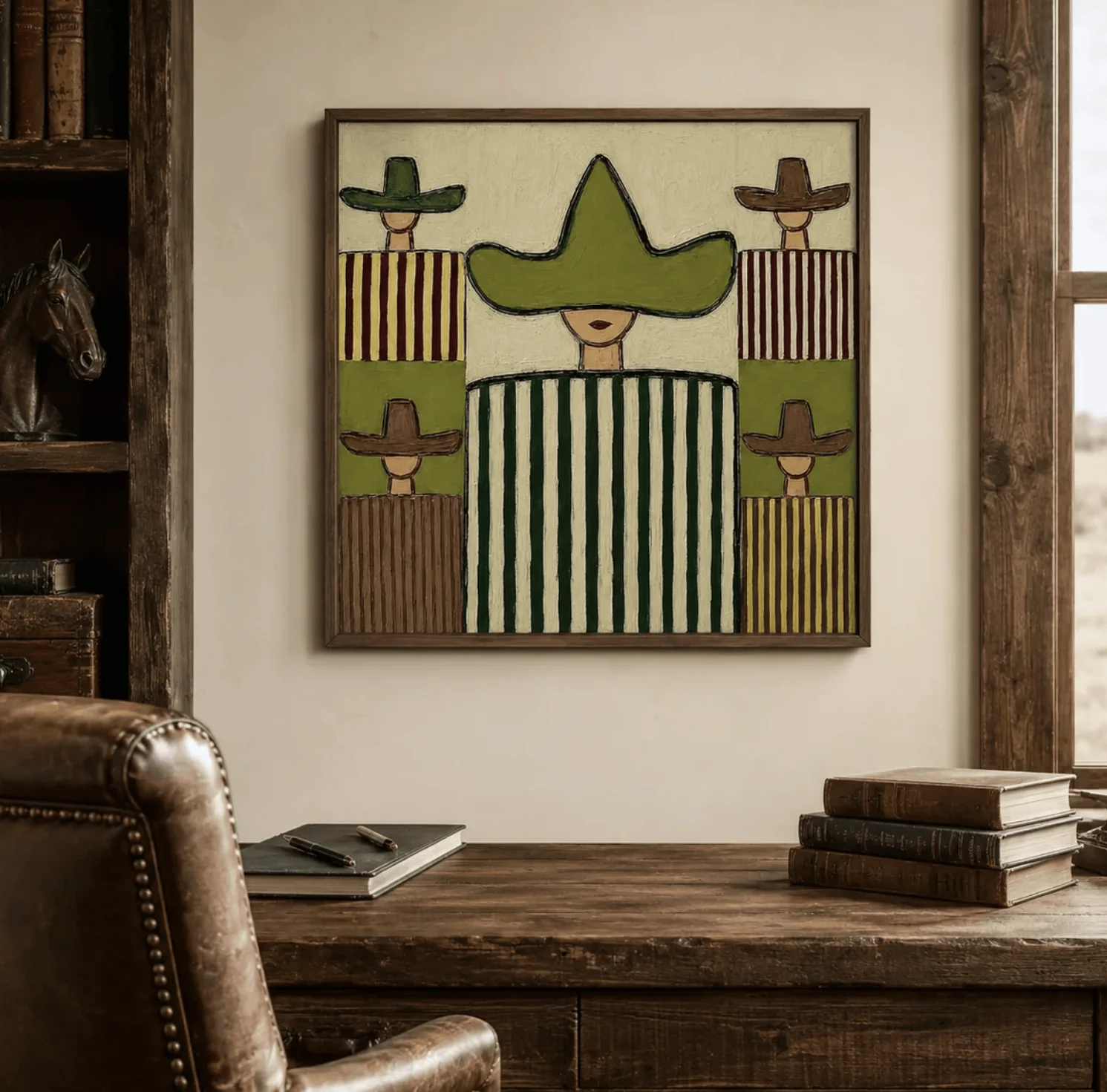 Abstract Five Cowboy Figures Wall Art Canvas Prints, Western Striped Posters, Earthy Decor for Living Room Bedroom Decor