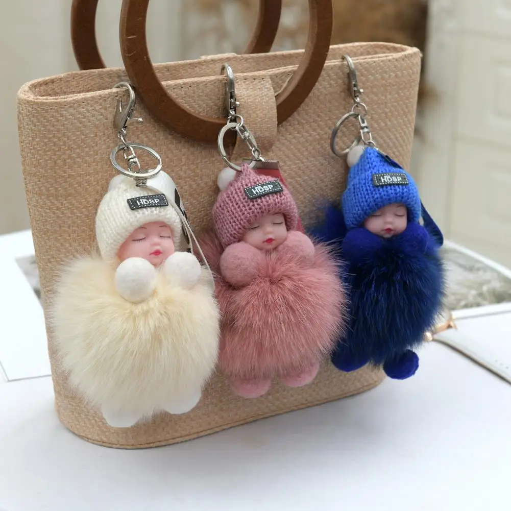 Pompom Sleeping Baby Keychain Cute Fluffy Plush Doll Fashion Keyholder Women Girl Bags Keyring Cars Key Ring Charming Decoration