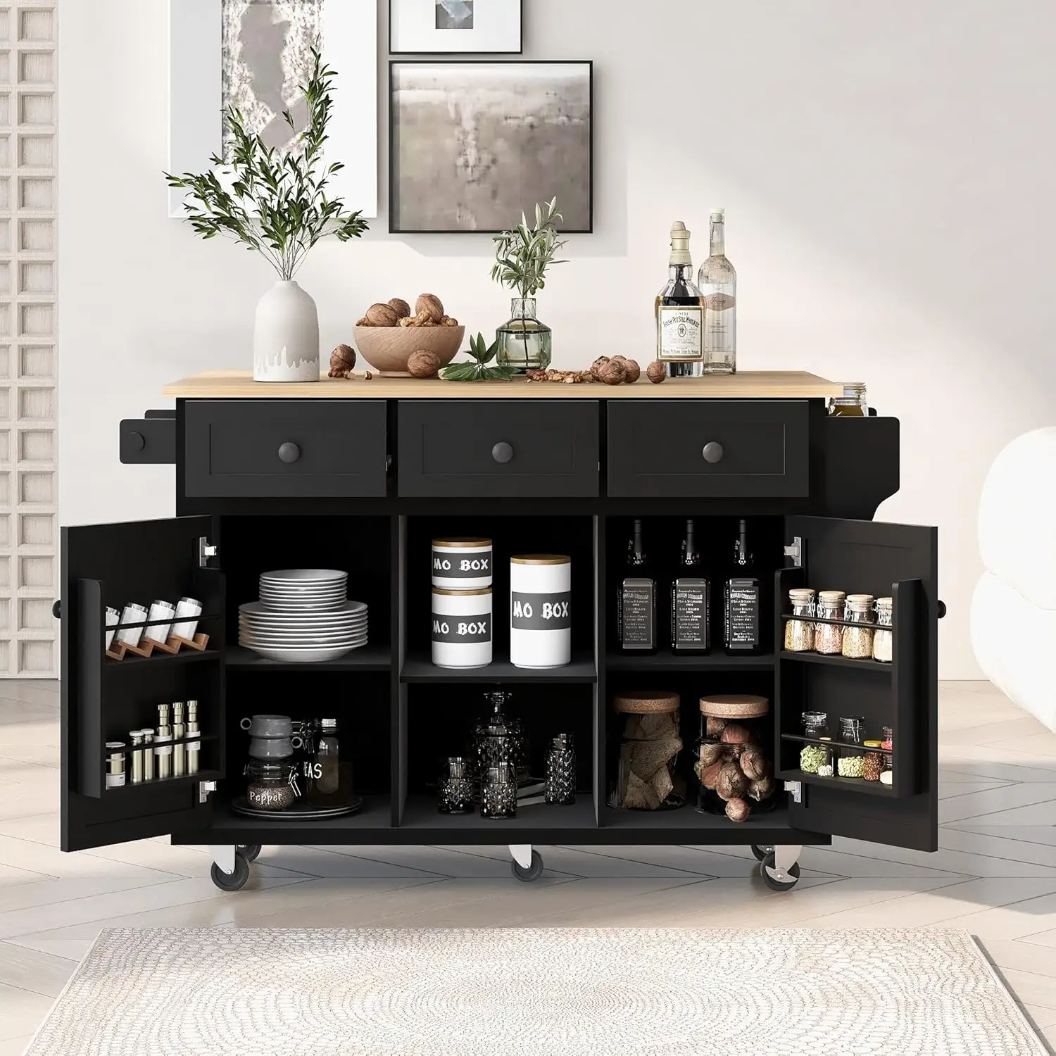 Mobile Kitchen Island Cart Cabinet with Door Internal Storage Racks, 3 Drawers and 5 Rolling Wheels for Dining Room