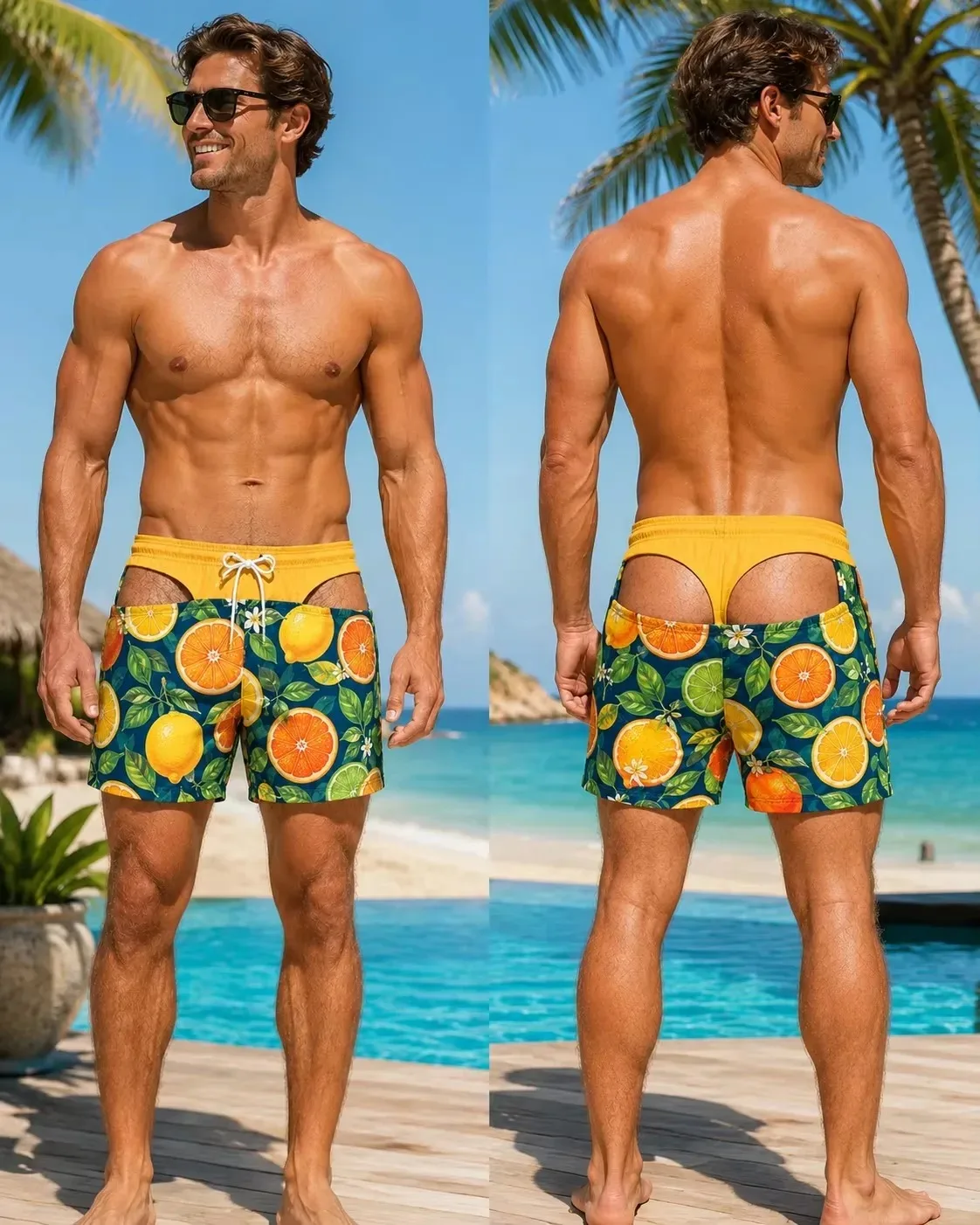 Men Citrus Fruit Print Swim Shorts Quick Dry Drawstring Beach Board Shorts Summer Surfing Vacation Swimwear