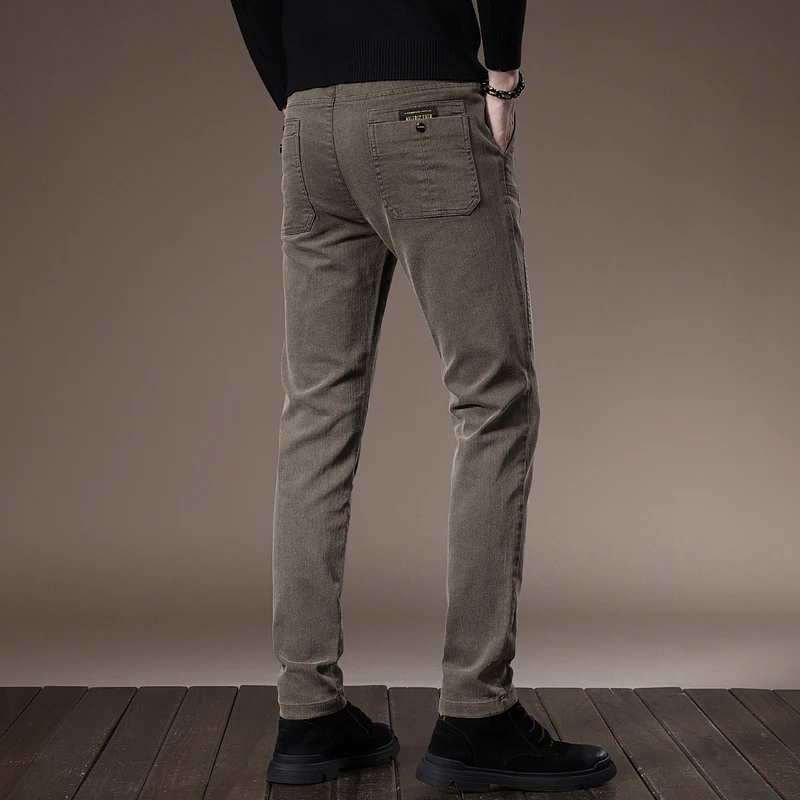 Slim Fit Casual Pants Men Classic Stretch Straight Trousers Solid coffee Pants for Men Button Fly Denim Textured Trousers