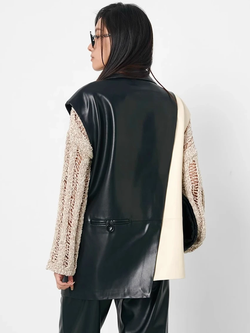 Genuine Leather Sleeveless Vest Jackets for Women High-end Simple Asymmetry Black White Contrast Design Soft Real Sheepskin Coat